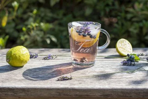 Cold refreshing tea with blueberry, lime and lavender on a hot summer day Stock Photos