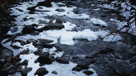 A cold river flows through a snowy landscape, with patches of snow and ice drift Stock Footage 303486275