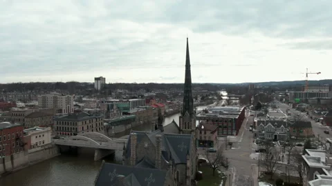 Cold river freezing in Canada. The Grand River, Cambridge, Ontario during Video stock 146023692