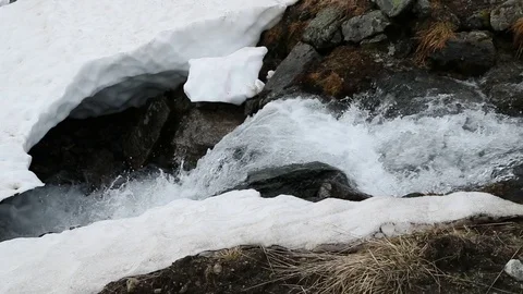 Cold river near Davos surrounded by snow and ice in Switzerland filmed in slo Stock Footage 116006963
