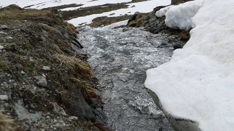 Cold river near Davos surrounded by snow and ice in Switzerland filmed in slo Stock Footage 116006971