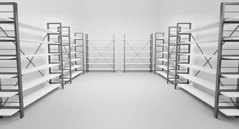 Cold room in warehouse with empty racks, white shelves on metal base. Realistic Stock Illustration