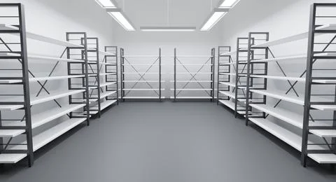 Cold room in warehouse with empty racks, white shelves on metal base. Interior Stock Illustration