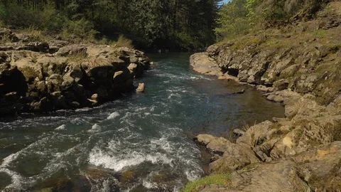 Cold rushing river water through pacific northwest landscape slow motion Vídeo Stock 107900676