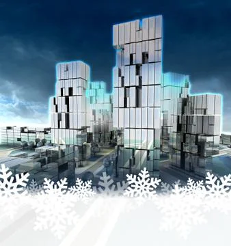 Cold skyscraper city at winter sunset snowflake frame illustration Stock Illustration