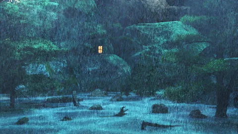 The cold snow rain, Mưa rơi trên đồi vào đêm khuya, Ngôi nhà nhỏ trong Mưa Stock Footage 200061248