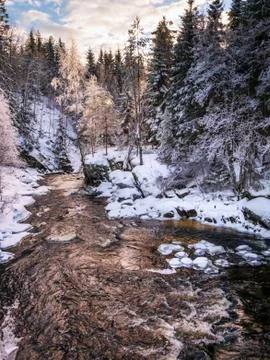 The cold snow winter river in evening light Stock Photos
