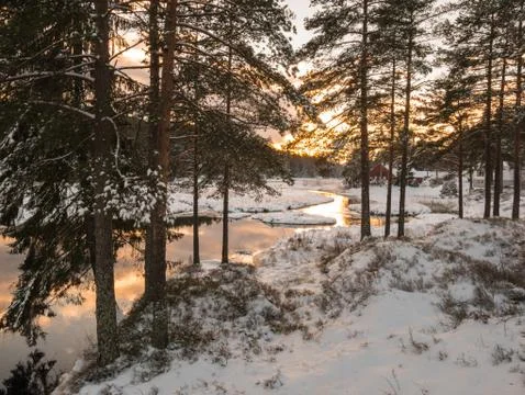 The cold snow winter river in evening light Foto stock