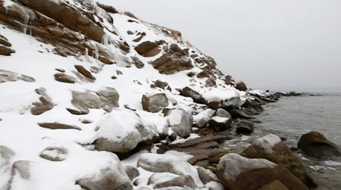 Cold snowy winter beach Stock Footage 34093158
