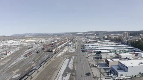 Cold Sunny Blue Sky Winter Day in a northern town aerial train Stockbeeldmateriaal 145998074