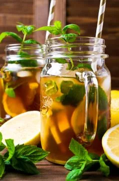 Cold tea with ice Stock Photos