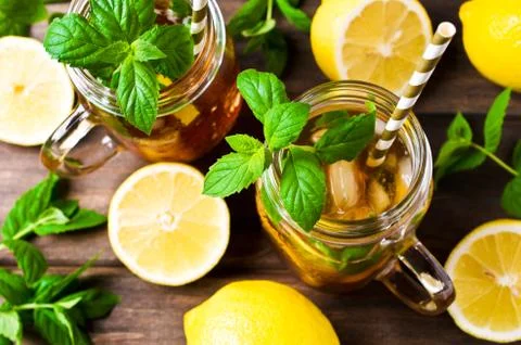 Cold tea with ice Stock Photos