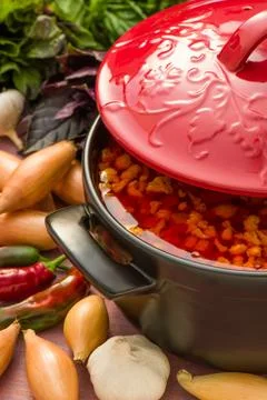 Cold vegetable soup in a black ceramic pot with red cover 스톡 사진