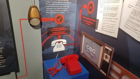 Cold War museum exhibit displaying red phone and CBC emergency broadcast Stock Photos
