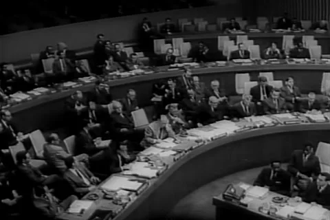 Cold War - Soviets explode nuclear bomb - Adlai Stevenson at U.N. meeting 1961 Stock Footage 252107699