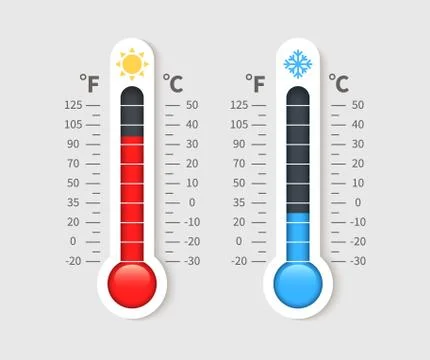Cold warm thermometer. Temperature weather thermometers with celsius and Stock Illustration