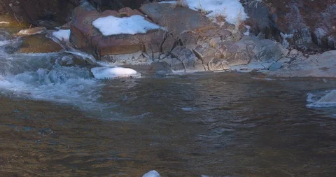 Cold Water Flowing Down a Snowy River Stock Footage 100686636