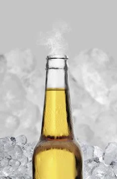 Cold wet open beer bottle with smoke on ice cubes background. 3d render Stock Illustration