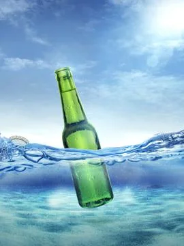 Cold wet open beer bottle with smoke floating in the ocean Stock Photos