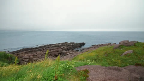 A cold wind blows across the shoreline of Cape Spear, Newfoundland Stock Footage 284679448