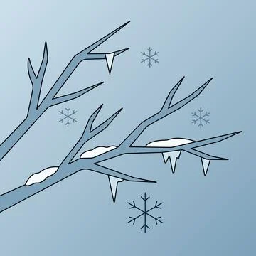 Cold winter bare tree branches with snow, icicles and falling snowflakes on.. Stock Illustration