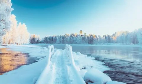 Cold winter day river sunset landscape with snowy trees Stock Photos