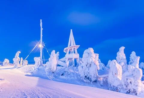Cold winter day sunset landscape with snowy trees Photo from Sotkamo Finland Stock Photos