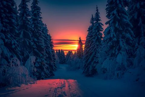Cold winter day sunset landscape with snowy trees Photo from Sotkamo Finland Stock Photos