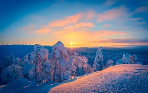 Cold winter day sunset landscape with snowy trees Photo from Sotkamo Finland Stock Photos