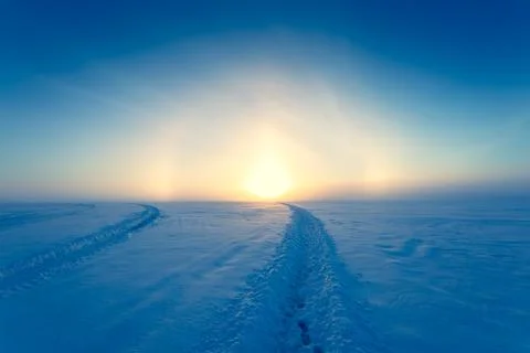 Cold winter day sunset landscape with snowy trees Photo from Sotkamo Finland Stock Photos