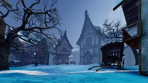 A cold winter in a medieval town. Stock Illustration