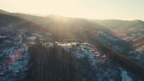 Cold winter morning in mountain forest with snow covered fir trees 4k Видео 103547712
