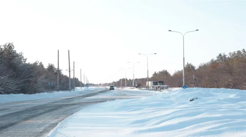 Cold Winter road with snow and ice Stock Footage 65286450
