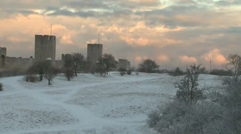 Cold winter sunrise at Visby medieval citywall Stock Footage 33295209