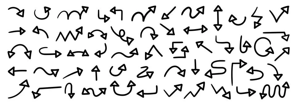 Colection of black hand drawn arrow signs. Stock Illustration
