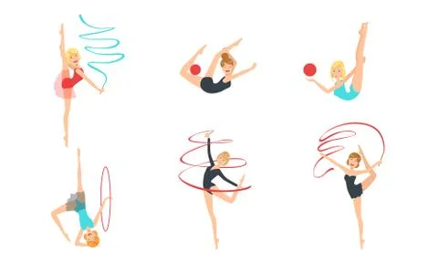 Colection of Gymnast Girls Performing Rhythmic Gymnastics Elements with Balls Illustrazione stock