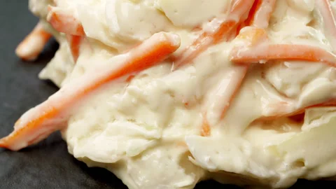 Coleslaw dressing macro close up presentation slowly rotating stock footage Stock Footage 344798422