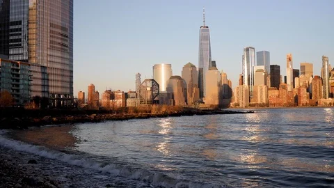 Colgate Clock and Lower Manhattan Skyline Stock Footage 105986754
