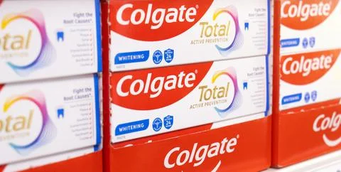 Colgate logo on fluoride toothpaste dental brand Foto stock