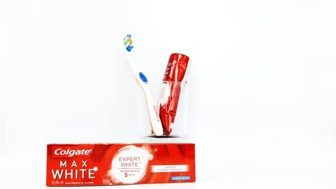 Colgate Max White Toothpaste produced by Colgate-Palmolive Stock Footage 114770523