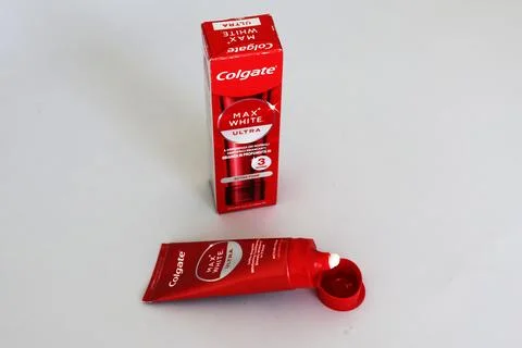 Colgate Max White Ultra toothpaste, deeply whitens teeth in three days Stock Photos