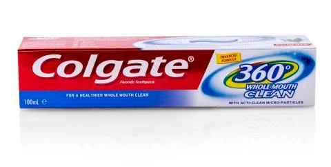 Colgate tooth paste on white.Colgate is a brand of toothpaste produced by Col Foto stock