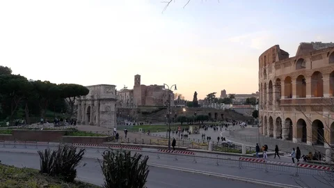 Coliseum and Arch of Constantine during sunset, Rome Stock Footage 126003468
