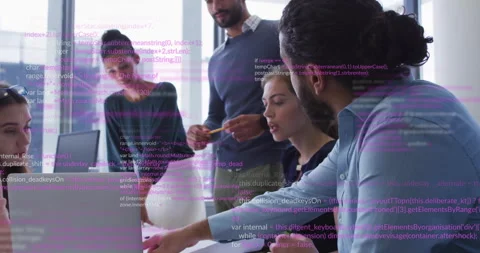 Collaborating on animation project, business team using computer with code Stock Footage 304762700