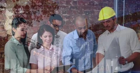 Collaborating on architectural project, diverse team reviewing blueprints with Illustrazione stock
