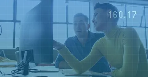 Collaborating colleagues in button-down or turtleneck reviewing data on office Stockfoto's