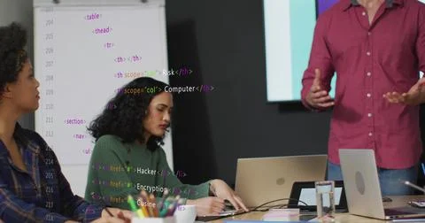 Collaborating colleagues discussing HTML code on whiteboard in meeting room, Stock Photos