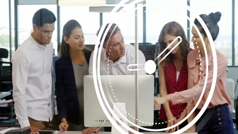 Collaborating at computer, business team with clock animation overlay in office Stock Footage 306240572