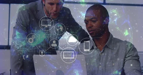 Collaborating on computer, two men with digital network animation overlay Stock Footage 304011402