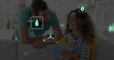 Collaborating couple analyzing resource data in living room, with digital Stock Photos